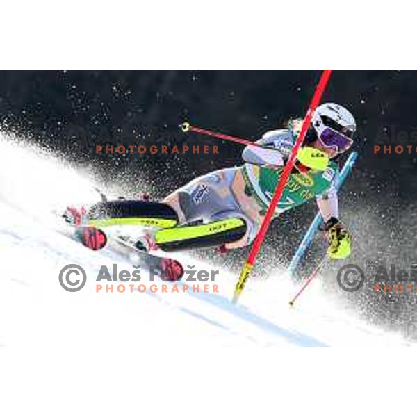 Louise Stjernesund skiing in the first run of AUDI FIS Alpine Ski World Cup Slalom for 56. Golden Fox Trophy in Kranjska gora, Slovenia on February 16, 2020