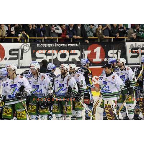 Shake hands at the end of sixth ice-hockey game of semi-final of EBEL league between ZM Olimpija- Black Wings Linz in Hala Tivoli, Ljubljana 9.3.2008. ZM Olimpija won the game 2:0 and series 4:2 and advanced to final. Photo by Ales Fevzer 