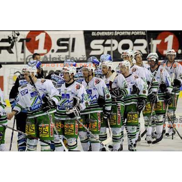 End of sixth ice-hockey game of semi-final of EBEL league between ZM Olimpija- Black Wings Linz in Hala Tivoli, Ljubljana 9.3.2008. ZM Olimpija won the game 2:0 and series 4:2 and advanced to final. Photo by Ales Fevzer 