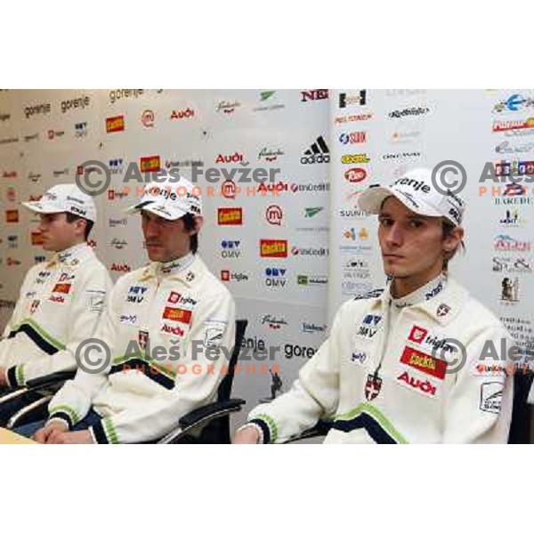 Damjan, Peterka and Kranjec (left to right) members of Slovenia Nordic Ski team at press conference before World Cup Ski jumping finals in Planica ,Joze Pucnik Airport in Ljubljana 11.3.2008. Photo by Ales Fevzer 