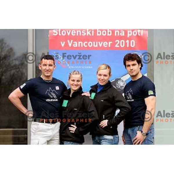 Matjaz Lazar, Tatjana Urbanc, Karolina Bratina, David Urankar (left to righjt) members of Slovenia Bob team at press conference in Hala Tivoli, Ljubljana 11.3.2008. Photo by Ales Fevzer 