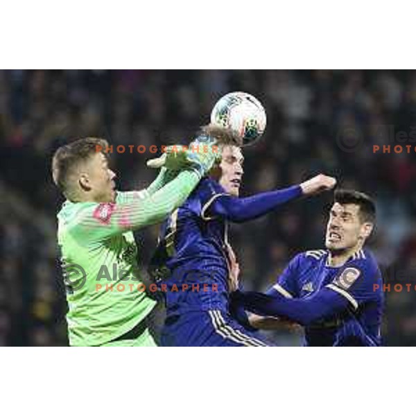 Nejc Vidmar vs Luka Koblar and Nemanja Mitrovic in action during Prva liga Telekom Slovenije football match between Maribor and Olimpija in Ljudski vrt, Maribor, Slovenia on February 22, 2020