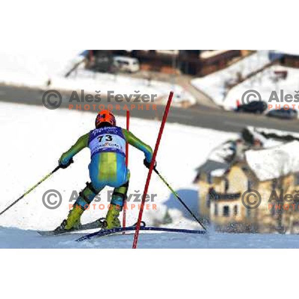 Ales Gorza skiing in the first run of Audi FIS Alpine Ski World Cup Slalom in Kranjska gora, Slovenia on March 9, 2008