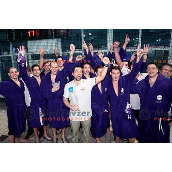 UTE players and head coach celebrate victory at Alpe Adria league tournament in Kranj 9.3.2008. Photo by Ales Fevzer 