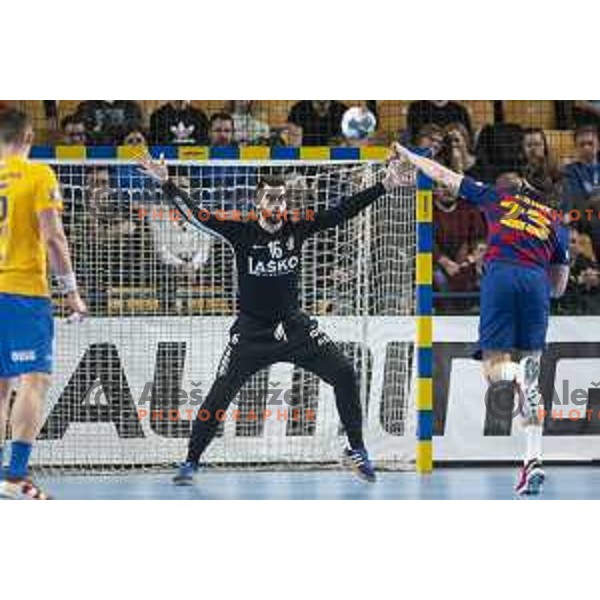 Miljan Vujovic in action during Velux EHF Champions League handball match between Celje Pivovarna Lasko and Barcelona in Zlatorog Arena, Celje, Slovenia on February 23, 2020