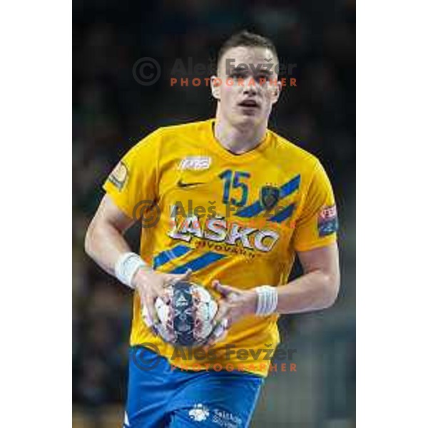 Vid Poteko in action during Velux EHF Champions League handball match between Celje Pivovarna Lasko and Barcelona in Zlatorog Arena, Celje, Slovenia on February 23, 2020