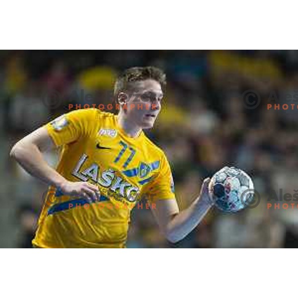 Domen Novak in action during Velux EHF Champions League handball match between Celje Pivovarna Lasko and Barcelona in Zlatorog Arena, Celje, Slovenia on February 23, 2020