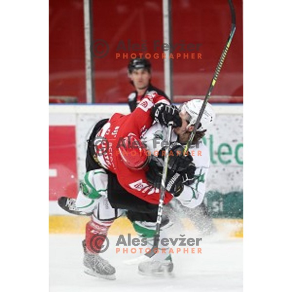 Mirko Djumic, Nejc Brus in action during Alps league ice-hockey match between Acroni Jesenice and SZ Olimpija in Podmezakla Hall, Jesenice, Slovenia on March 2, 2020