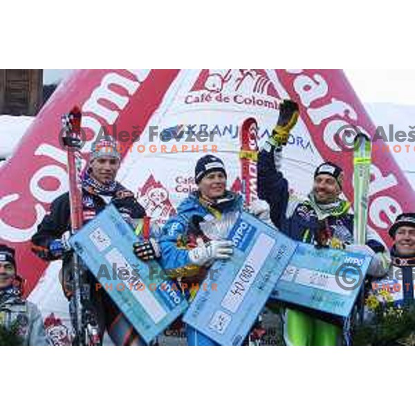 Benjamin RAICH, winner Fredrik NYBERG and Uros Pavlovcic, third placed at FIS Alpine World Cup Giant Slalom for Vitranc Cup in Kranjska gora, Slovenia on December 20 , 2001