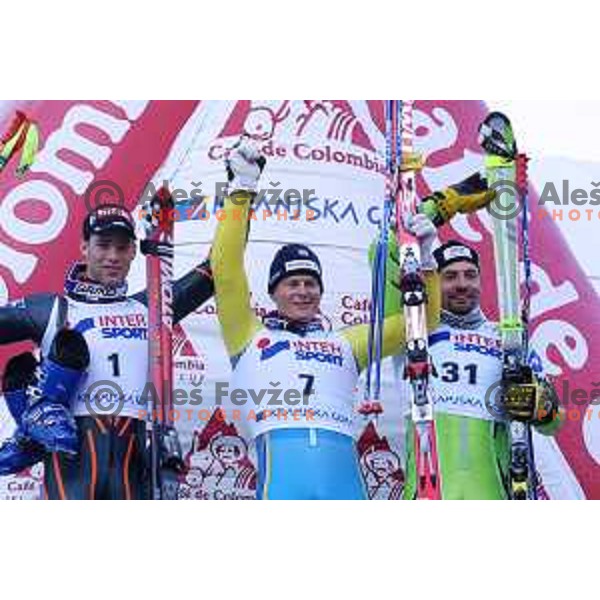 Benjamin RAICH, winner Fredrik NYBERG and Uros Pavlovcic, third placed at FIS Alpine World Cup Giant Slalom for Vitranc Cup in Kranjska gora, Slovenia on December 20 , 2001