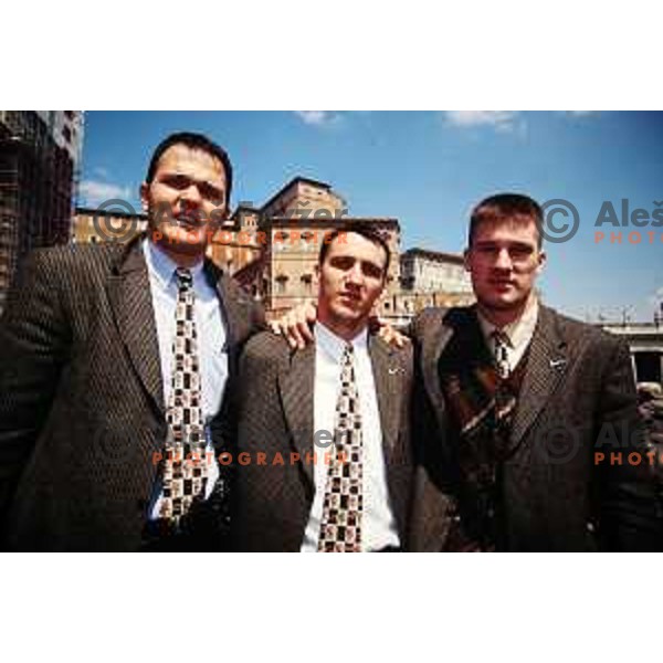 Mario Kraljevic, Roman Horvat and Marko Tusek of Smelt Olimpija during team visit to Vatican at Euroleague Final Four in Rome, Italy on April 23, 1997