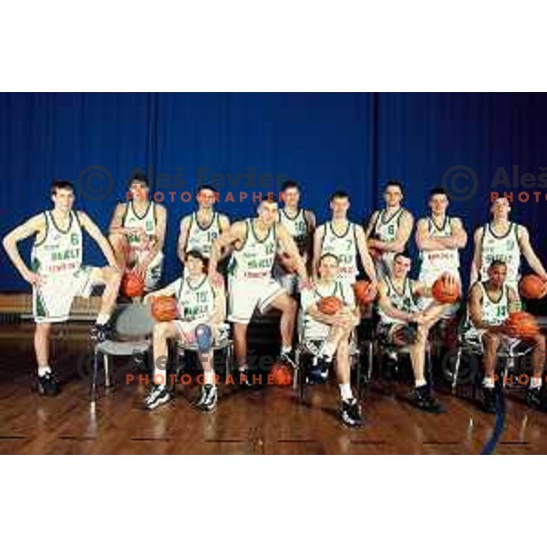 Jaka Daneu, Vladimer Stepania, Darren Henrie, Ivica Jurkovic, Marko Milic, Raso Nesterovic, Slavko Duscak, Dusan Hauptman, Mario Kraljevic, Roman Horvat, Marko Tusek, Gregor Hafnar of Smelt Olimpija team rooster for 1996-1997 basketball season i