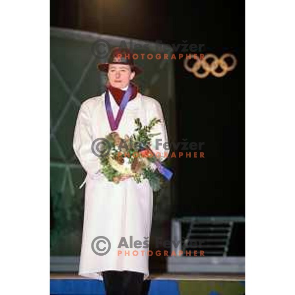 Katja Koren of Slovenia with bronze Olympic medal in Alpine skiing ladies slalom at 1994 Olympic games in Lillehammer, Norway