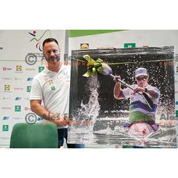 Para kayaker Dejan Fabcic received farewell gift at press conference in Ljubljana, Slovenia on June 3, 2020 where he announced end of his ParaOlympic sports carrer