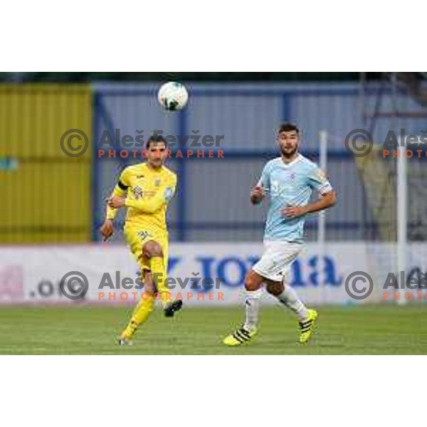 Branko Ilic and Rok Kronaveter in action during Prva Liga Telekom Slovenije 2019/2020 football match between Domzale and Maribor in Domzale, Slovenia on June 7 , 2020