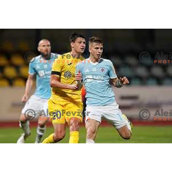 Sven Sostaric Karic and Luka Zahovic in action during Prva Liga Telekom Slovenije 2019/2020 football match between Domzale and Maribor in Domzale, Slovenia on June 7 , 2020