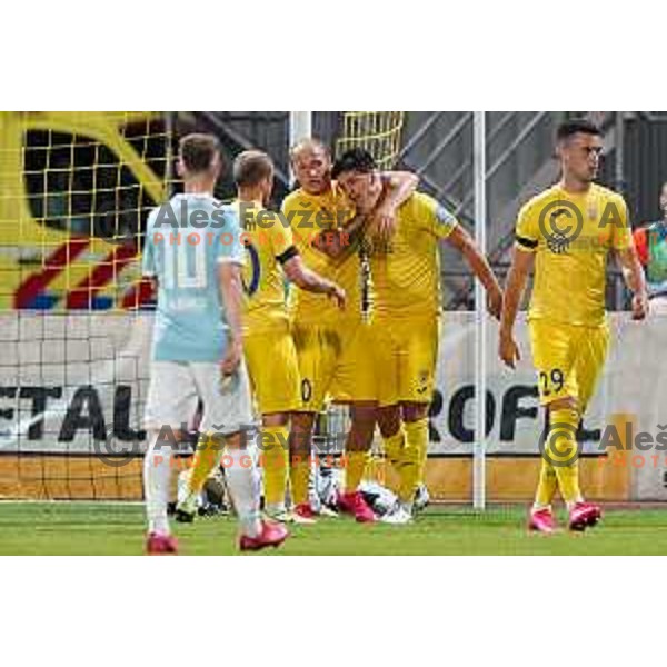 Senijad Ibricic, Sven Sostaric Karic, Matej Podlogar celebrate goal during Prva Liga Telekom Slovenije 2019/2020 football match between Domzale and Maribor in Domzale, Slovenia on June 7 , 2020