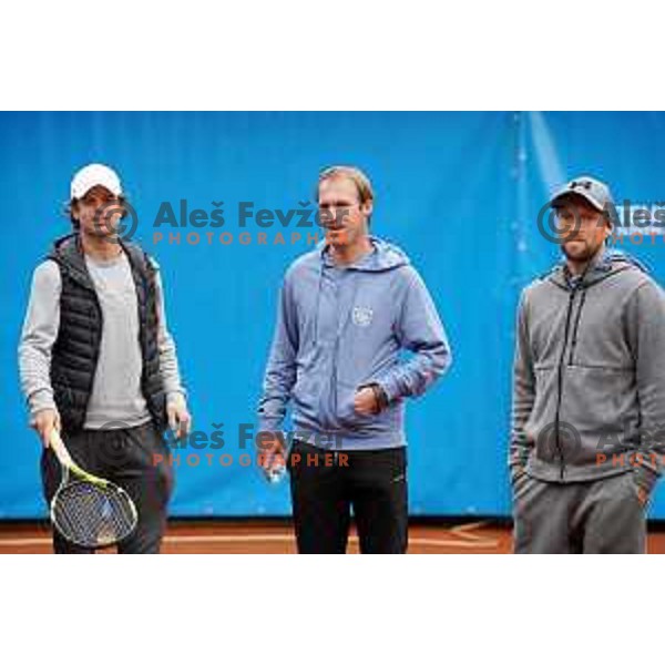 Blaz Kavcic, Grega Zemlja and Tom Kocevar Desman at inaugural Mima Cup tennis match between best Slovenian players in RCU, Lukovica, Slovenia on June 8 , 2020