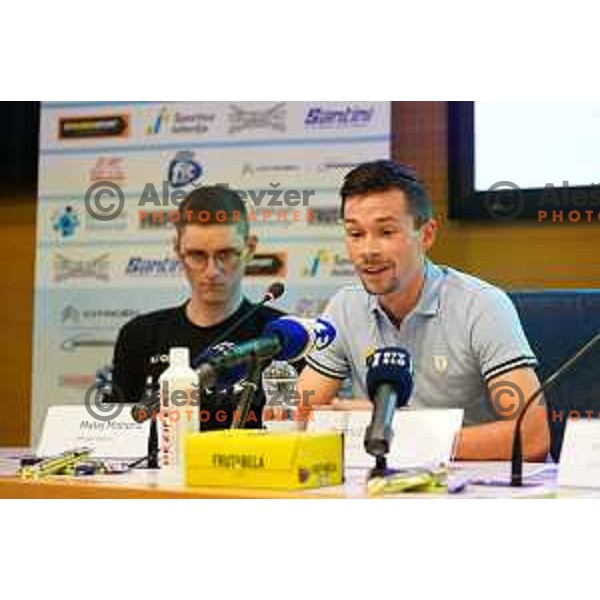 Matej Mohoric and Primoz Roglic at press conference of Slovenian Cycling Federation before National Road Championship in Ljubljana, Slovenia on June 19, 2020