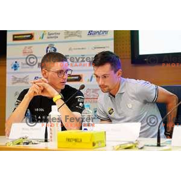 Matej Mohoric and Primoz Roglic at press conference of Slovenian Cycling Federation before National Road Championship in Ljubljana, Slovenia on June 19, 2020