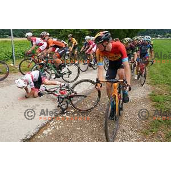 Tadej Pogacar chrashes during Slovenian Cycling Championships Road Race in Cerklje, Slovenia on June 21 , 2020