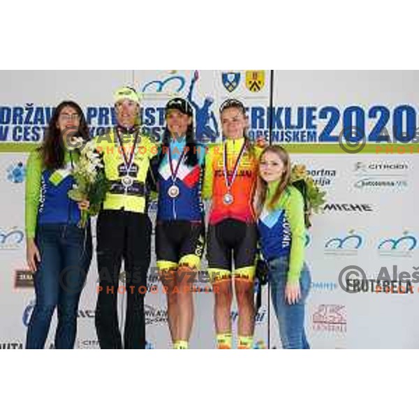Spela Kern, Ursa Pintar and Urska Zigart at podium of Women\'s Slovenian Cycling Championships Road Race Cerklje-Ambroz pod Krvavcem, Slovenia on June 21 , 2020