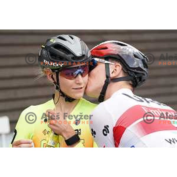 Urska Zigart, winner of Slovenian Women\'s Time trial Championship gets a kiss from Tadej Pogacar, Gorje-Pokljuka ( 15,7 km) on June 28, 2020