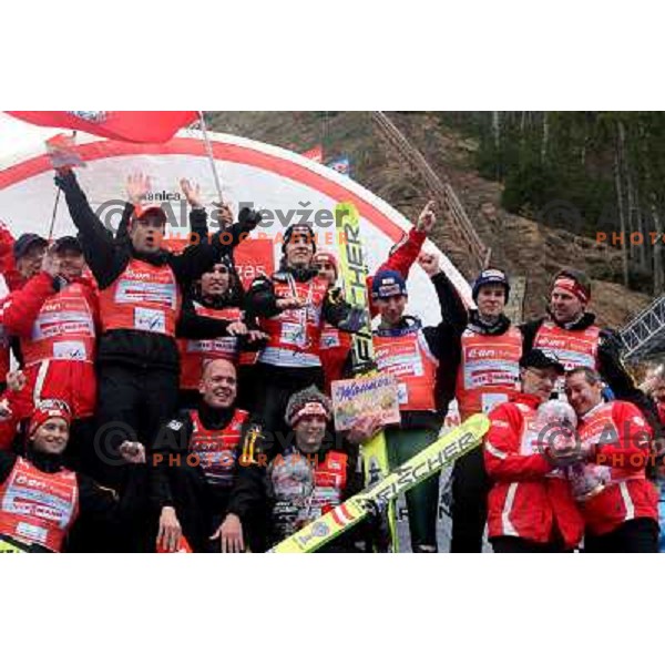 Austria ski jumping team at prize giving ceremony for overall World Cup Ski jumping team champion in season 2007-2008. Last competiton took place in Planica, Slovenia 16.3.2008. Photo by Ales Fevzer 