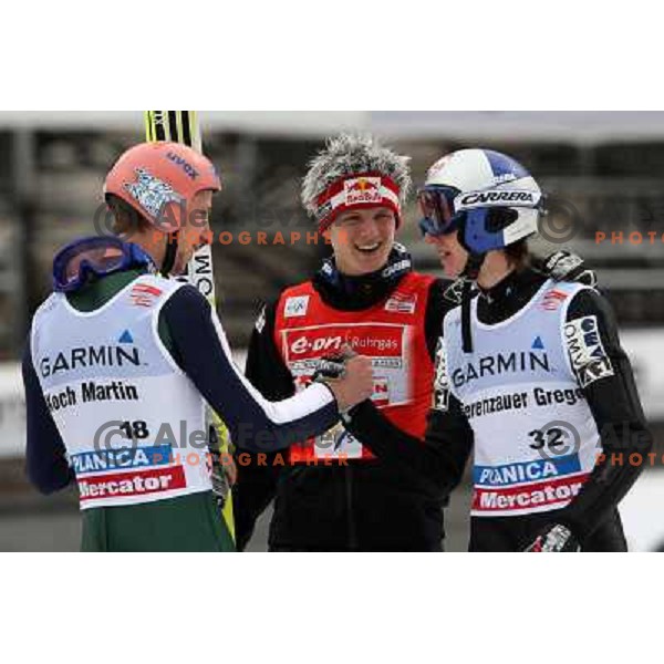 Koch, Morgenstern and Schlierenzauer (all AUT) at last ski flying competiton on Planica Flying Hill (215 Meters) in season 2007-2008. Planica, Slovenia 16.3.2008. Photo by Ales Fevzer 