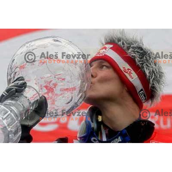 Thomas Morgenstern (AUT) kisses the World cup after he became overall winner of Ski jumping World Cup in season 2007-2008. Planica, Slovenia 16.3.2008. Photo by Ales Fevzer 