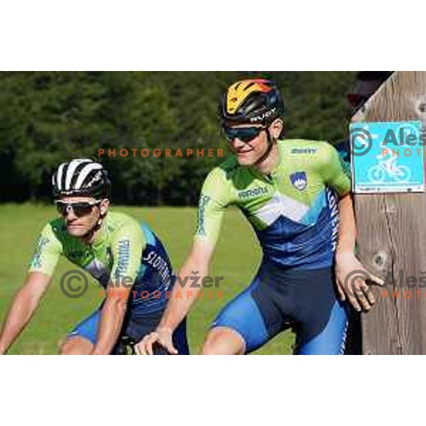 Jan Polanc, Matej Mohoric of Slovenia National Cycling team riding in new team jerseys during morning practice at Krvavec, Slovenia on July 2, 2020