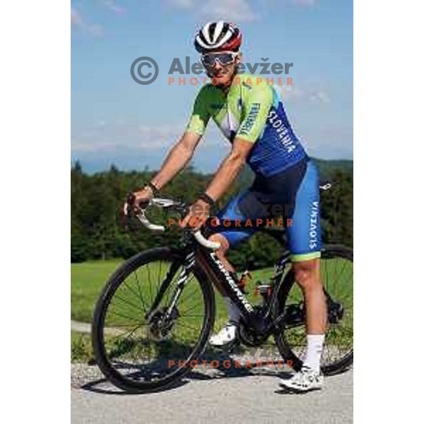Ziga Jerman of Slovenia National Cycling team riding in new team jerseys during morning practice at Krvavec, Slovenia on July 2, 2020