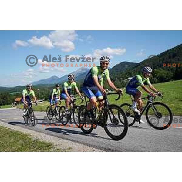 Jan Polanc, Tadej Pogacar, Matej Mohoric and Ziga Jerman of Slovenia National Cycling team riding in new team jerseys during morning practice at Krvavec, Slovenia on July 2, 2020
