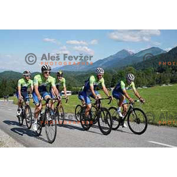 Tadej Pogacar, Jan Polanc, Matej Mohoric, Luka Mezgec, Ziga Jerman of Slovenia National Cycling team riding in new team jerseys during morning practice at Krvavec, Slovenia on July 2, 2020