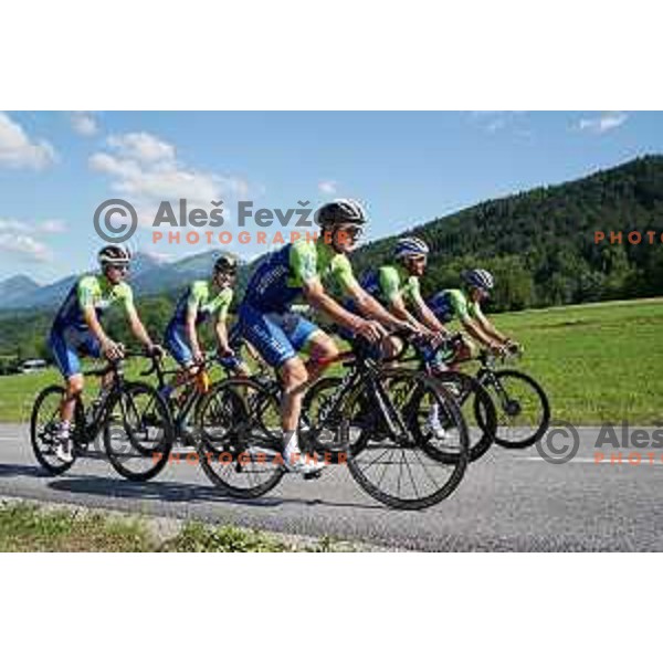 Tadej Pogacar, Jan Polanc, Matej Mohoric, Luka Mezgec, Ziga Jerman of Slovenia National Cycling team riding in new team jerseys during morning practice at Krvavec, Slovenia on July 2, 2020