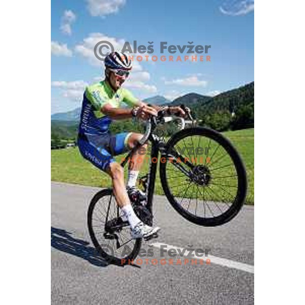 Ziga Jerman of Slovenia National Cycling team riding in new team jerseys during morning practice at Krvavec, Slovenia on July 2, 2020