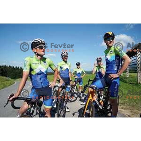 Jan Polanc, Ziga Jerman, Urska Zigart, Tadej Pogacar and Matej Mohoric of Slovenia National Cycling team riding in new team jerseys during morning practice at Krvavec, Slovenia on July 2, 2020
