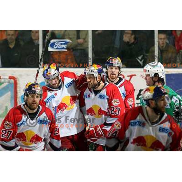 RBS players celebrate goal at second game of Final of EBEL league between ZM Olimpija- Red Bulls Salzburg, played in Ljubljana, Slovenia 16.3.2008. Red Bulls Salzburg won the game 3:1 and leveled the series 1:1. Photo by Ales Fevzer 