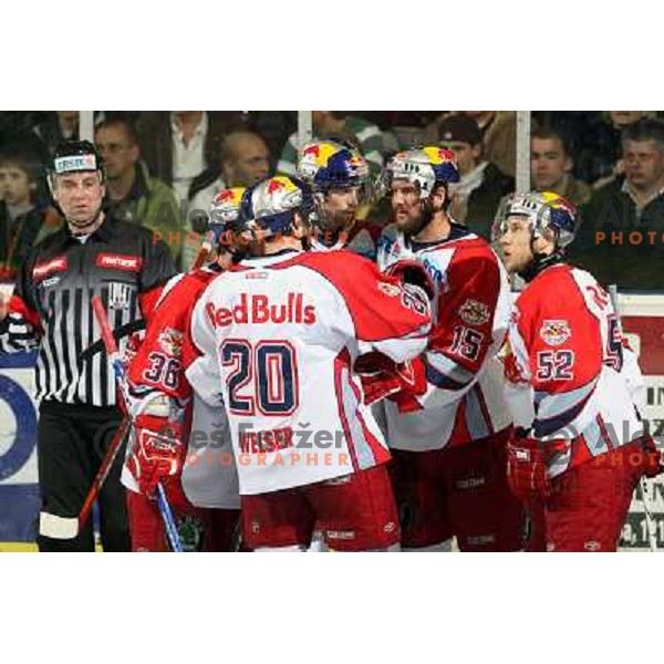 RBS players celebrate victory at second game of Final of EBEL league between ZM Olimpija- Red Bulls Salzburg, played in Ljubljana, Slovenia 16.3.2008. Red Bulls Salzburg won the game 3:1 and leveled the series 1:1. Photo by Ales Fevzer 