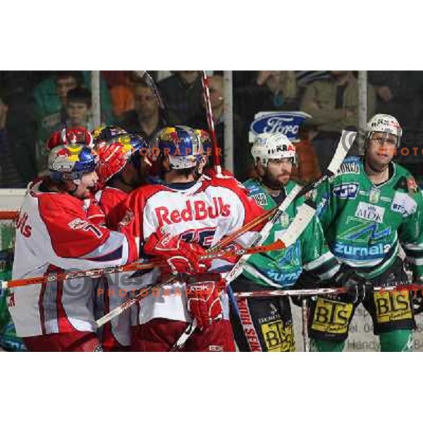 RBS players celebrate second goal at second game of Final of EBEL league between ZM Olimpija- Red Bulls Salzburg, played in Ljubljana, Slovenia 16.3.2008. Red Bulls Salzburg won the game 3:1 and leveled the series 1:1. Photo by Ales Fevzer 