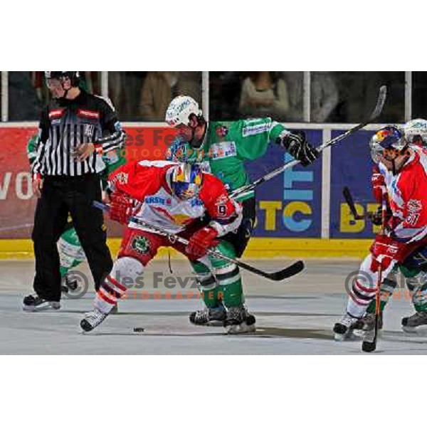 Koch (9) and Elik at second game of Final of EBEL league between ZM Olimpija- Red Bulls Salzburg, played in Ljubljana, Slovenia 16.3.2008. Red Bulls Salzburg won the game 3:1 and leveled the series 1:1. Photo by Ales Fevzer 