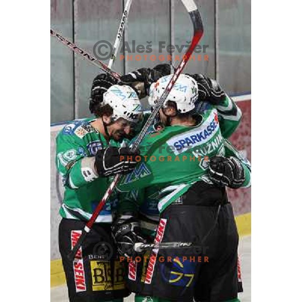 Yarema and Kuznik celebrate goal at second game of Final of EBEL league between ZM Olimpija- Red Bulls Salzburg, played in Ljubljana, Slovenia 16.3.2008. Red Bulls Salzburg won the game 3:1 and leveled the series 1:1. Photo by Ales Fevzer 