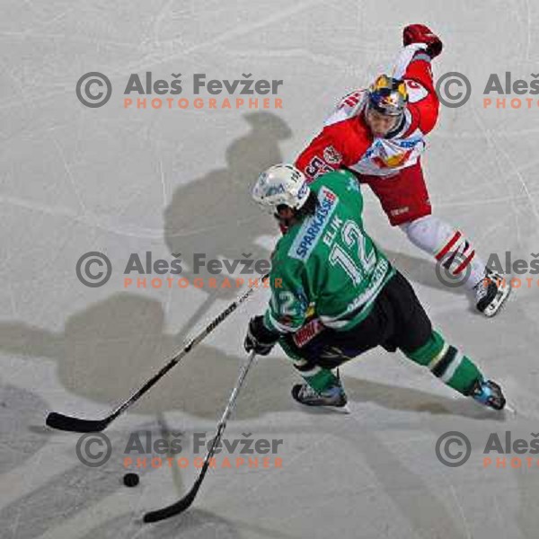 Elik (12) and Lukas at second game of Final of EBEL league between ZM Olimpija- Red Bulls Salzburg, played in Ljubljana, Slovenia 16.3.2008. Red Bulls Salzburg won the game 3:1 and leveled the series 1:1. Photo by Ales Fevzer 