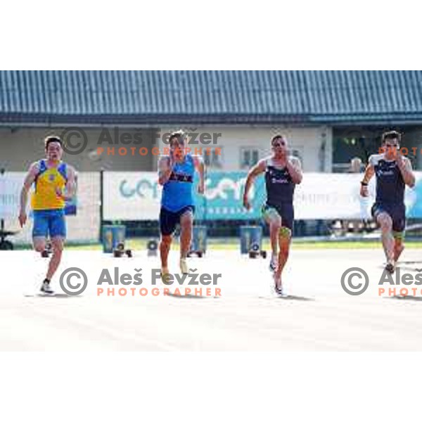 Winner Nick Kocevar and runner-up Tilen Ovnicek at 100 meters at Slovenian Athletics Championship in Celje, Slovenia on July 25, 2020