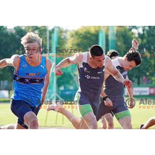 Winner Nick Kocevar and runner-up Tilen Ovnicek at 100 meters at Slovenian Athletics Championship in Celje, Slovenia on July 25, 2020