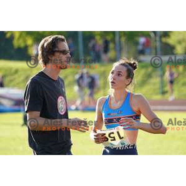 Coach Rozle Prezelj and Lia Apostolovski after competition in high jump at Slovenian Athletics Championship in Celje, Slovenia on July 25, 2020