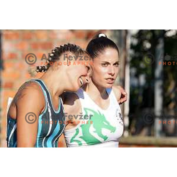Winner Nika Glojnaric and eunner-up Joni Tomicic Prezelj in 100 meters hurdles at Slovenian Athletics Championship in Celje, Slovenia on July 25, 2020