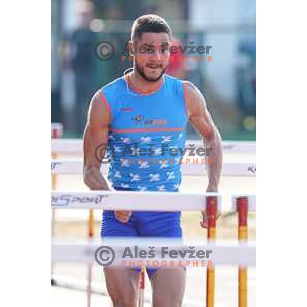 Filip Jakob Demsar competes at 110 meters hurdles at Slovenian Athletics Championship in Celje, Slovenia on July 25, 2020