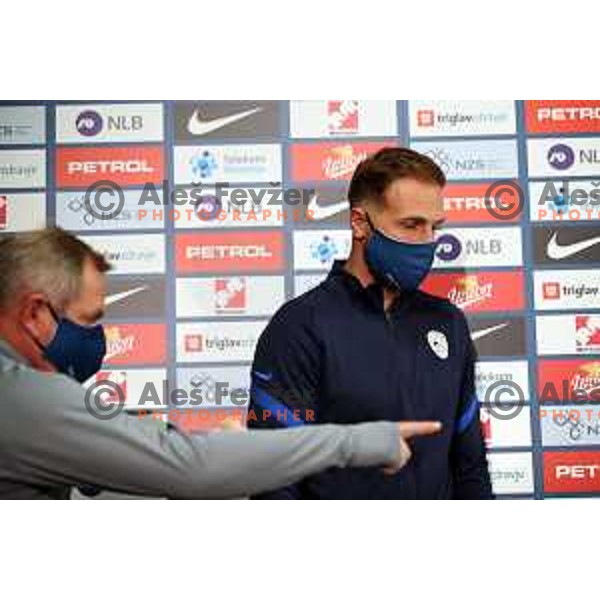 Matjaz Kek, Head coach of Slovenia Football team and captain Jan Oblak during press conference before first match in UEFA Nations League in Ljubljana, Slovenia on September 2, 2020