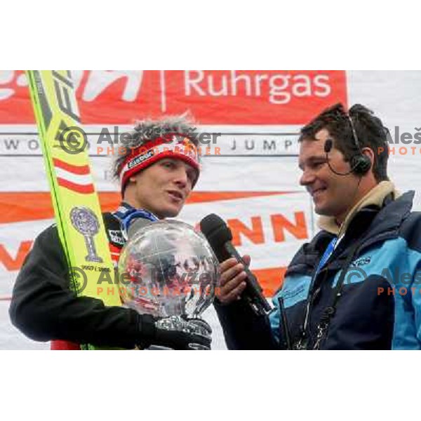 Thomas Morgenstern (AUT) talks to Urban Simcic at prize giving ceremony for overall World Cup winner in season 2007-2008. Planica, Slovenia 16.3.2008. Photo by Ales Fevzer 